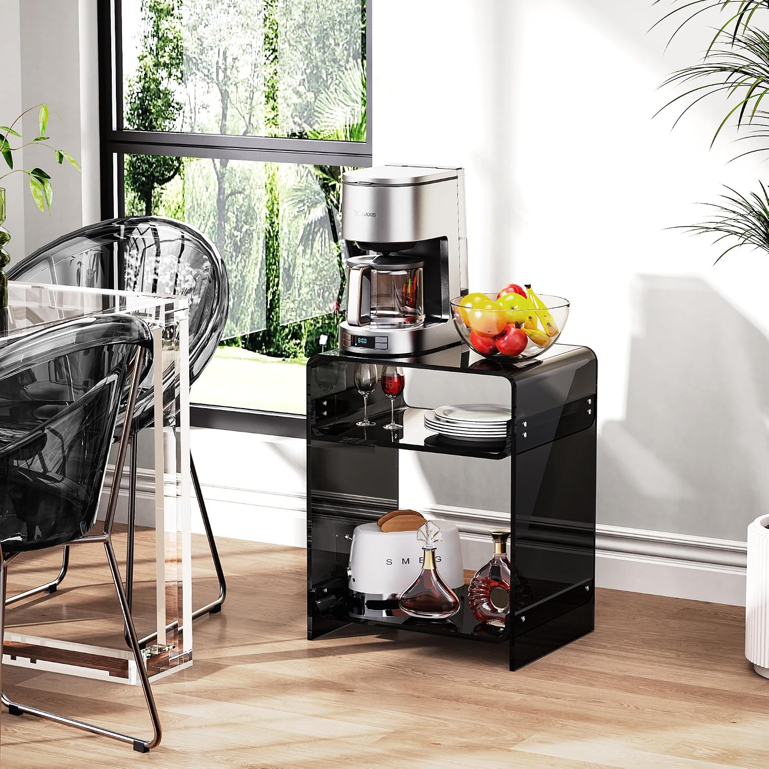 Acrylic End Table Record Player Table with Storage Shelf Clear Side Table Nightstand (Black)