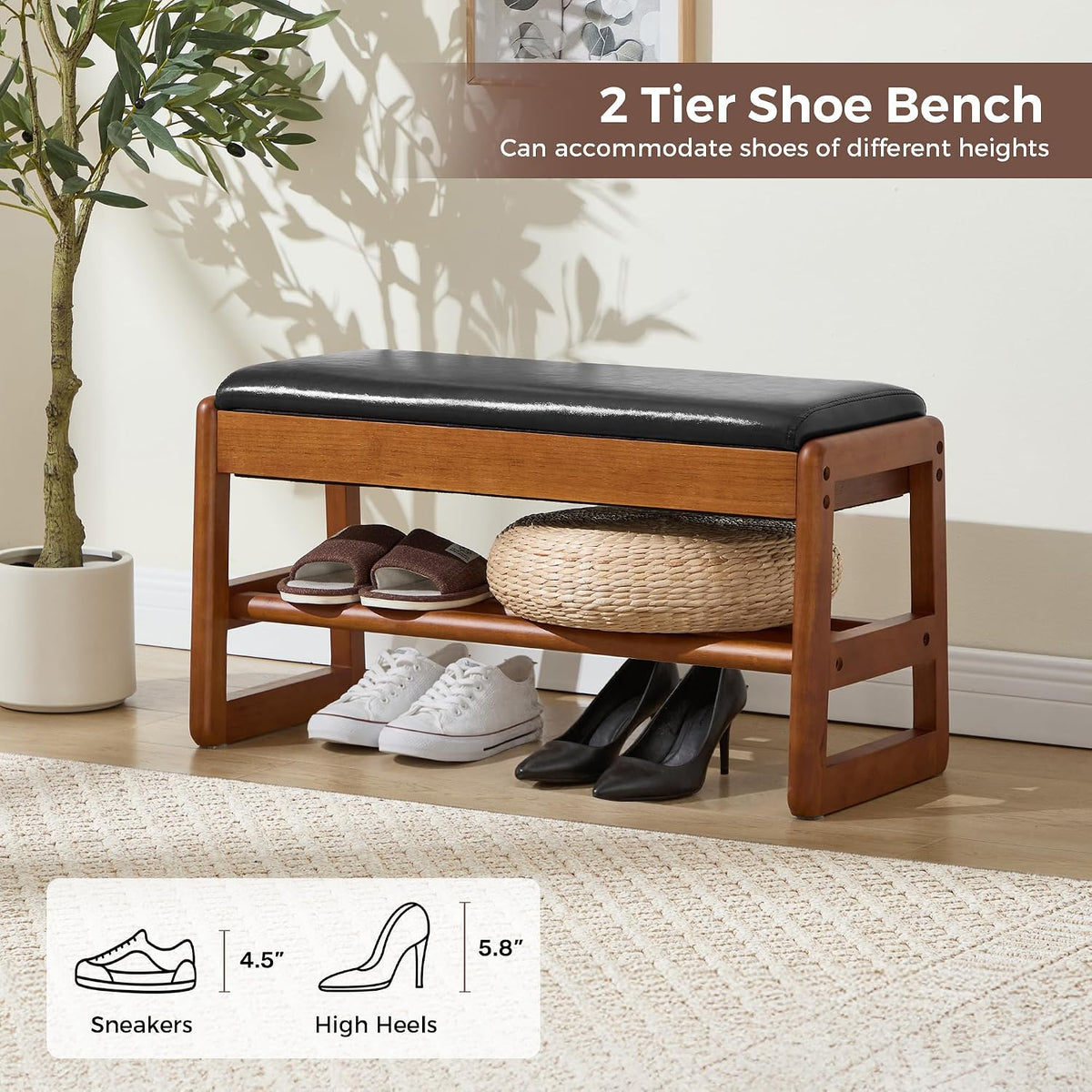 31.5" Shoe Rack Bench,2 Tiers Shoe Bench with Storage,Walnut Storage Bench with Faux Leather Cushion for Entrance Entryway Hallway PU Black