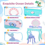 Vanity Set with Lights & Mirror, Wooden Dressing Table and Chair | 2 in 1 Ocean Theme Makeup Table and Stool Set, Little Girls Princess Pretend Play Set, Accessories, Kids Vanity for Birthday