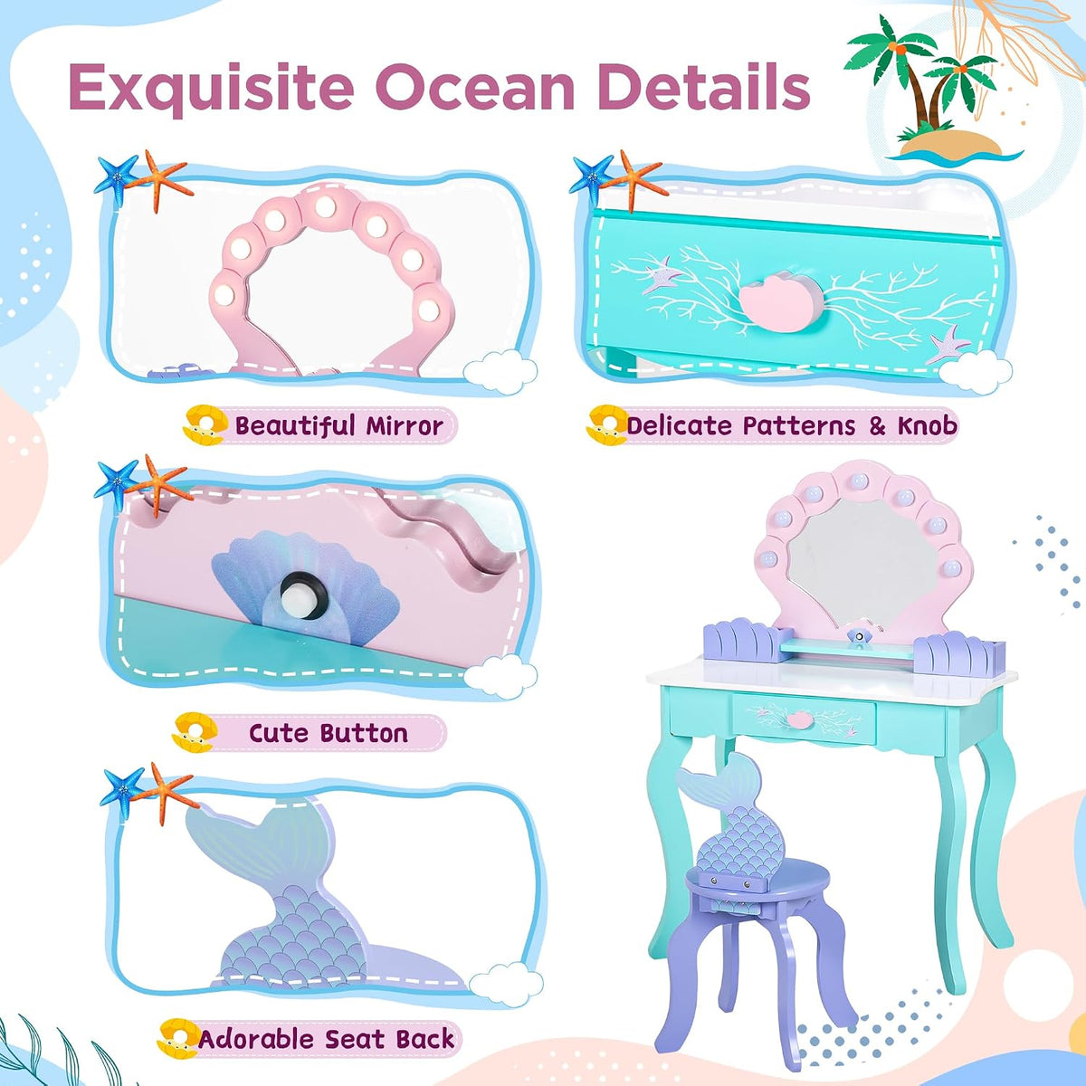 Vanity Set with Lights & Mirror, Wooden Dressing Table and Chair | 2 in 1 Ocean Theme Makeup Table and Stool Set, Little Girls Princess Pretend Play Set, Accessories, Kids Vanity for Birthday