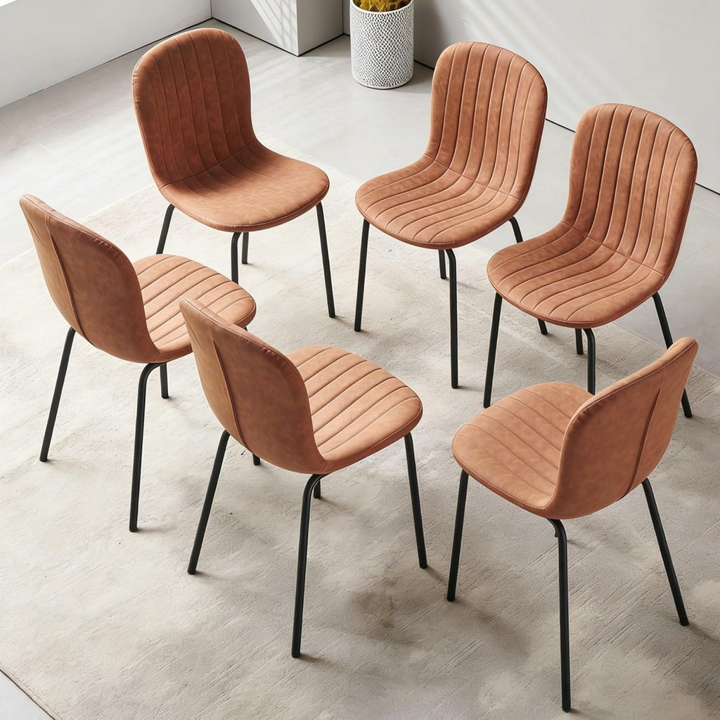 Small Dining Chairs Set of 6, Modern Mid Century Faux Leather Dining Room Chairs with Black Metal Legs, Kitchen Home Living Room Restaurant Apartment, Space-Saving, Brown