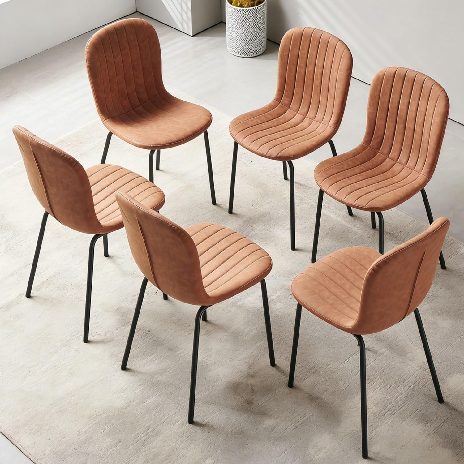 Small Dining Chairs Set of 6, Modern Mid Century Faux Leather Dining Room Chairs with Black Metal Legs, Kitchen Home Living Room Restaurant Apartment, Space-Saving, Brown