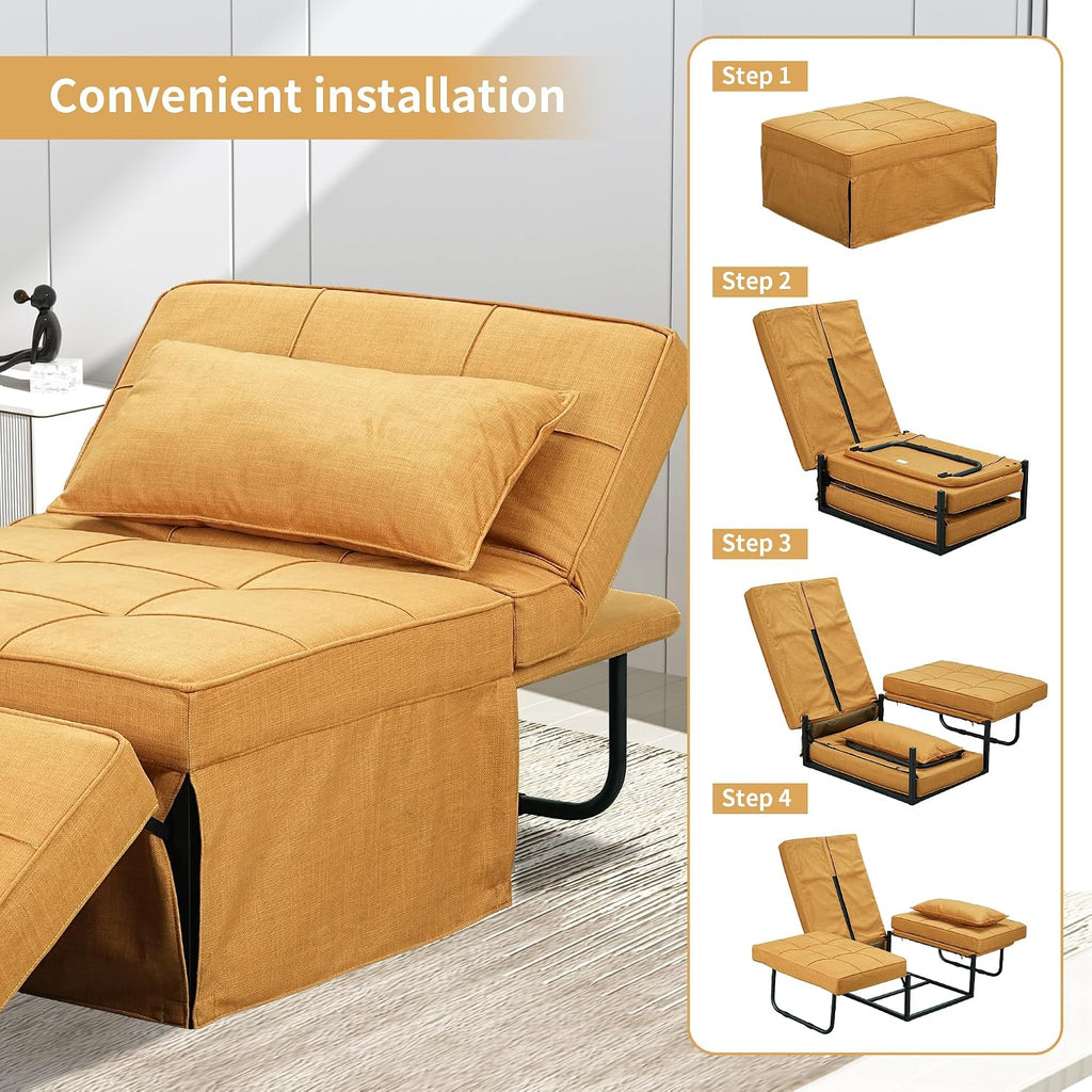 Yellow Sofa Bed, Convertible Chair 4 in 1 Multi-Function Modern Folding Ottoman Guest Bed with Adjustable Sleeper for Small Room Apartment