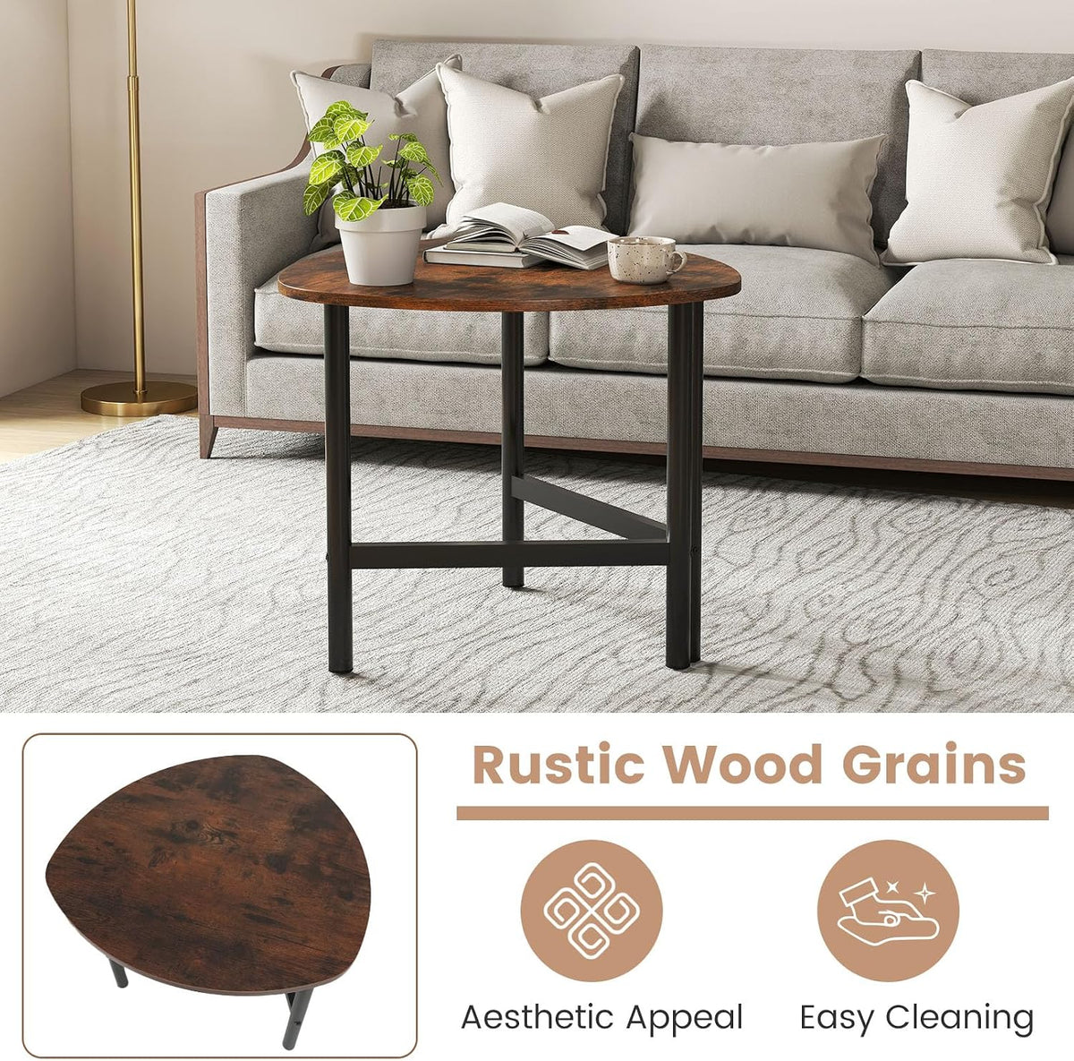 Giantex Triangle End Table, Wood Side Table with Metal Legs, Sofa Couch Accent Tables, Small Coffee Table for Small Space Living Room, Nightstand for Bedroom, Rustic Brown & Black