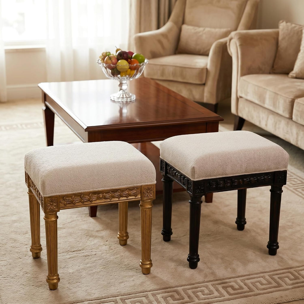Vanity Stool, French Vintage Square Stool with Cushion, Round Tufted Upholstered for Living Room Dining Room Entryway, Makeup Foot Ottomans
