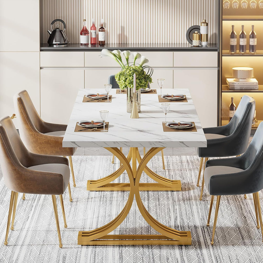 Tribesigns 63-Inch Rectangular Dining Table for 4 to 6, Modern Kitchen Table with Stylish Metal Legs, Large Dinner Tables for Dining Room, Only Table (Faux Marble White+Gold)