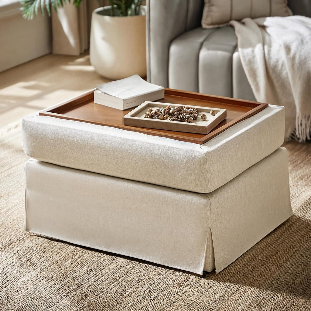 HULALA HOME Storage Ottoman Coffee Table with Lift Top, Farmhouse Linen Upholstered Ottoman with Removable Fabric Cover, 30-Inch Large Coffee Table with Storage for Living Room, Bedroom, Beige