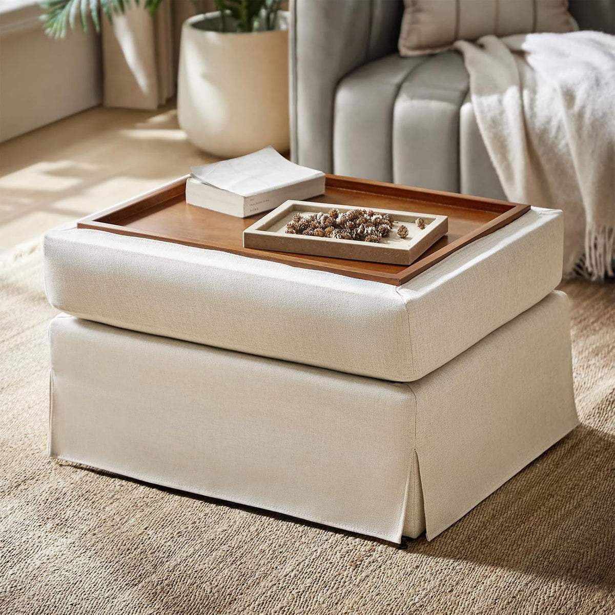 HULALA HOME Storage Ottoman Coffee Table with Lift Top, Farmhouse Linen Upholstered Ottoman with Removable Fabric Cover, 30-Inch Large Coffee Table with Storage for Living Room, Bedroom, Beige