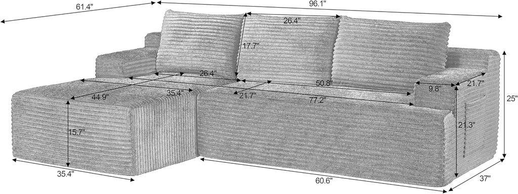 96" Corduroy Sectional Sofa Couches for Living Room - L Shaped Compressed Cloud Couch with Left Facing Chaise Lounge and Side Pockets