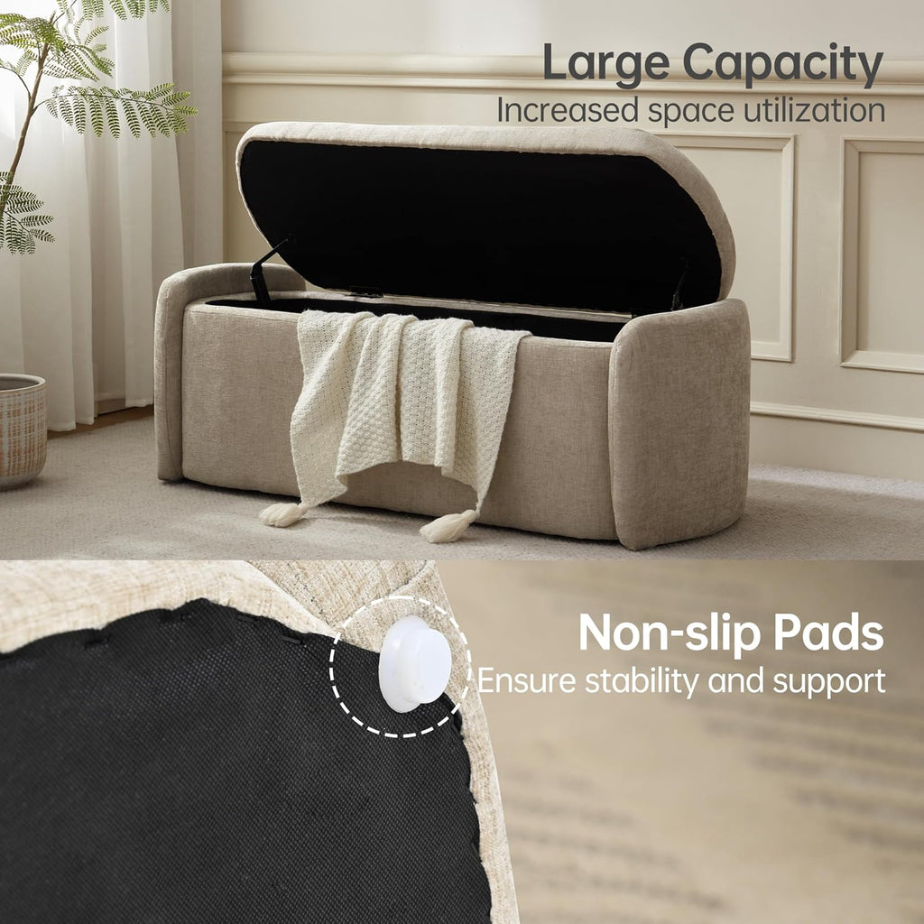 VKNOW Storage Bench, Upholstered Storage Ottoman Bench with Hinge, Khaki | Ottoman Bench with Large Capacity, Curved Frame, Soft Fabric, Storage Bench for Bedroom, Living Room, Entryway