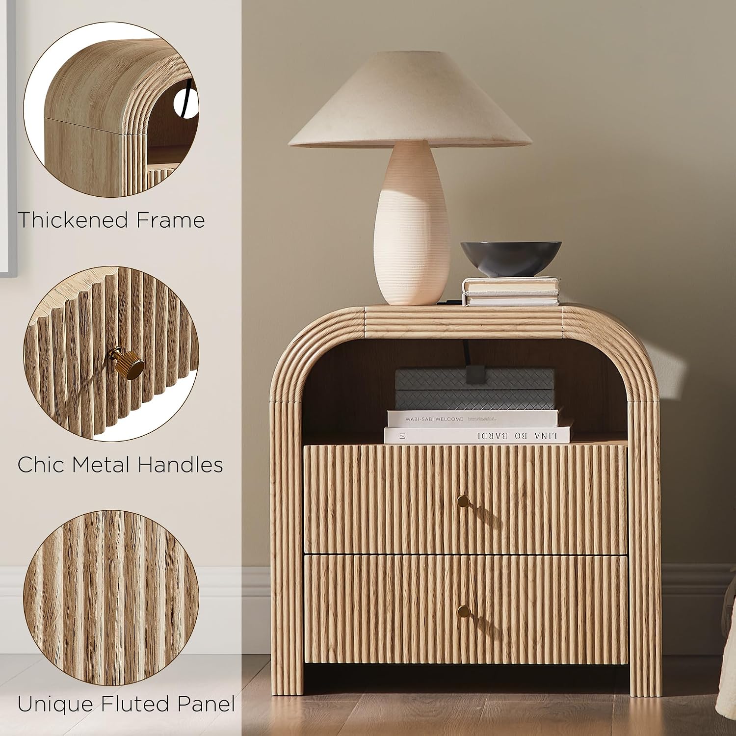 T4TREAM 24" Fluted Nightstand Set of 2 with Charging Station, Natural Oak | 2-Drawer Bedside Table, Modern End Table with Storage for the Bedroom or Living Room, Thickened frame, Rounded Silhouette