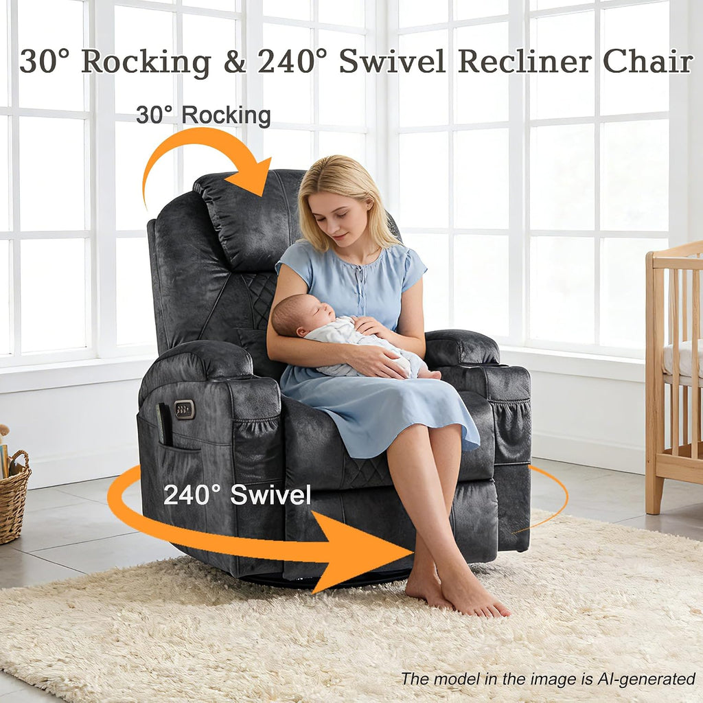 AHMED Dual Motor Power Swivel Rocker Recliner Chair, Velvet Grey | Electric Glider Rocking Chair, Massage & Heat, Cup Holders, LED Lights, USB A/USB C Ports