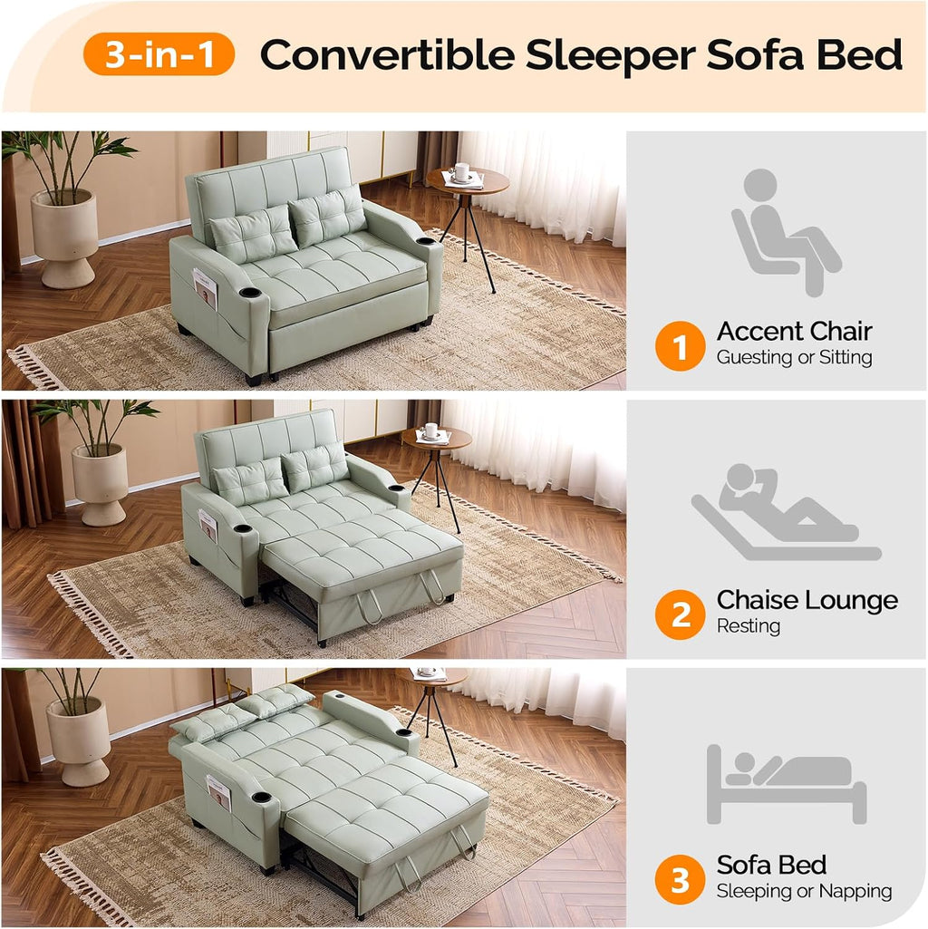VINGLI Convertible Loveseat Sleeper Sofa Bed, Pullout Couch for Living Room | Light Green Futon Sofa Bed, Faux Leather Pull-Out Couch Bed with USB Ports, Cup Holders for Small Space, Apartment, Office