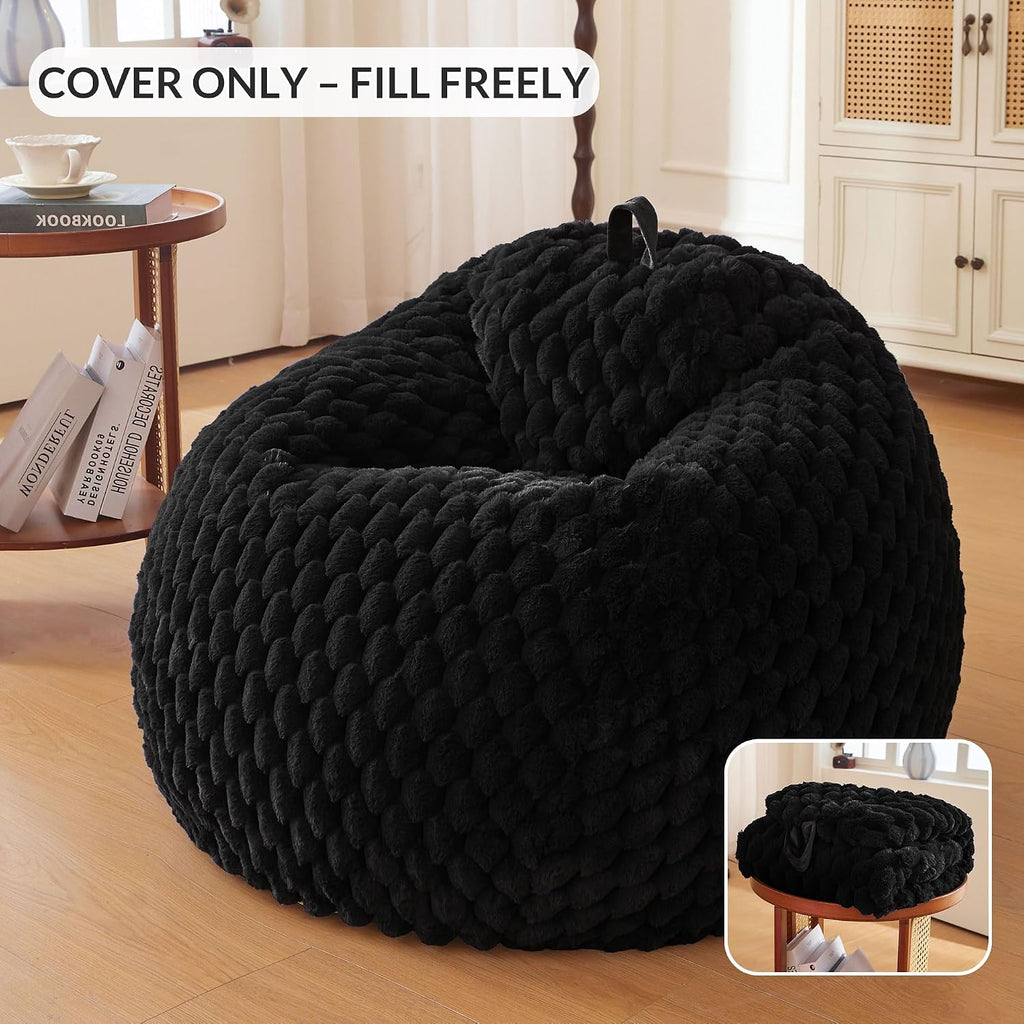 XeGe Luxury Bubble Fluffy Faux Rabbit Fur Bean Bag Cover(No Filler), Black | No-Shed, Non-Slip, Washable, Shaggy Stuffed Animal Storage Beanbag Cover for Bedroom Living Room Dorm Playroom Reading Nook