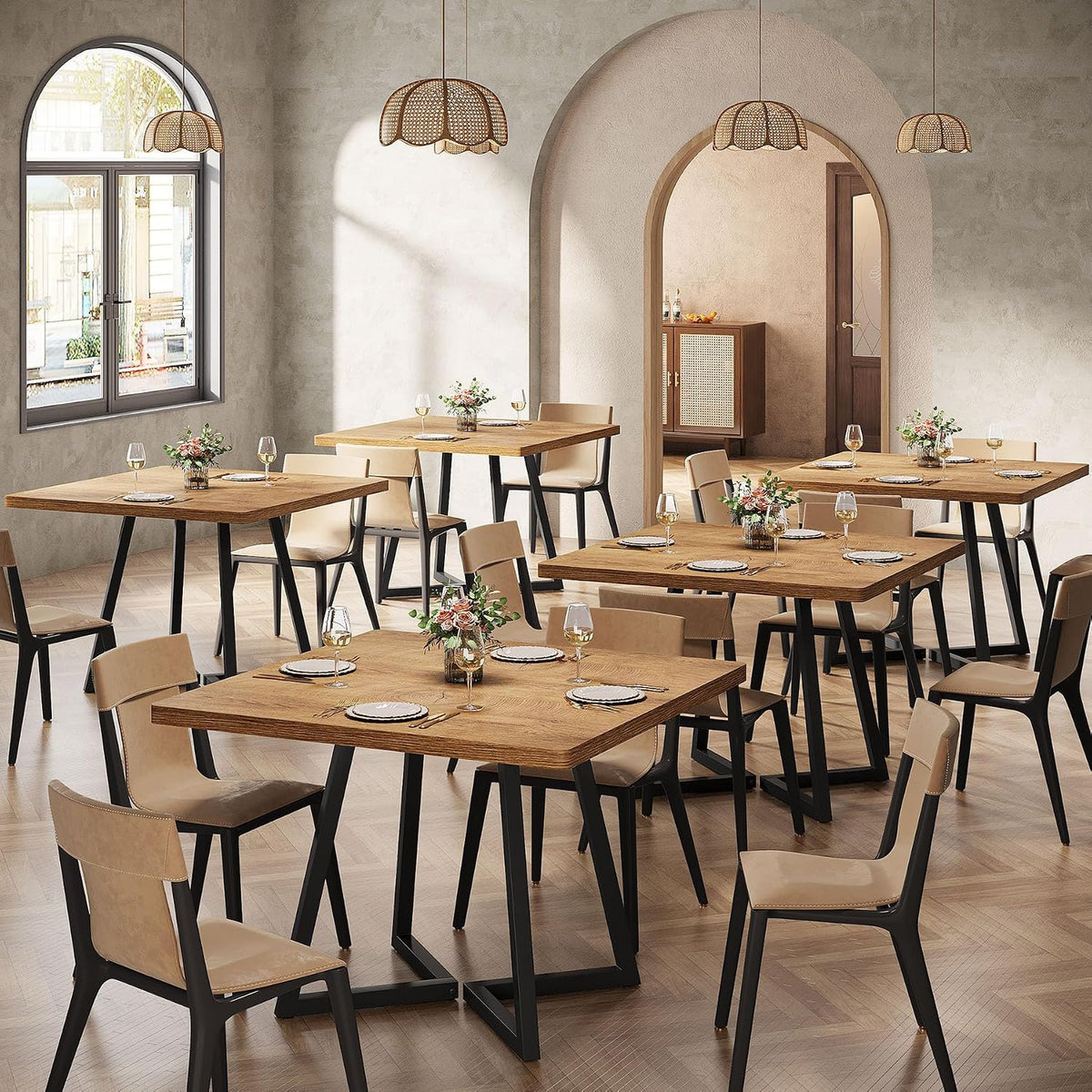 Tribesigns Square Dining Table Set of 6, 31.5" Farmhouse Dinner Table with Metal Base, Wood Kitchen Table for Dining Room, Small Space, Apartment, Rustic Brown & Black (Chairs are not Included)