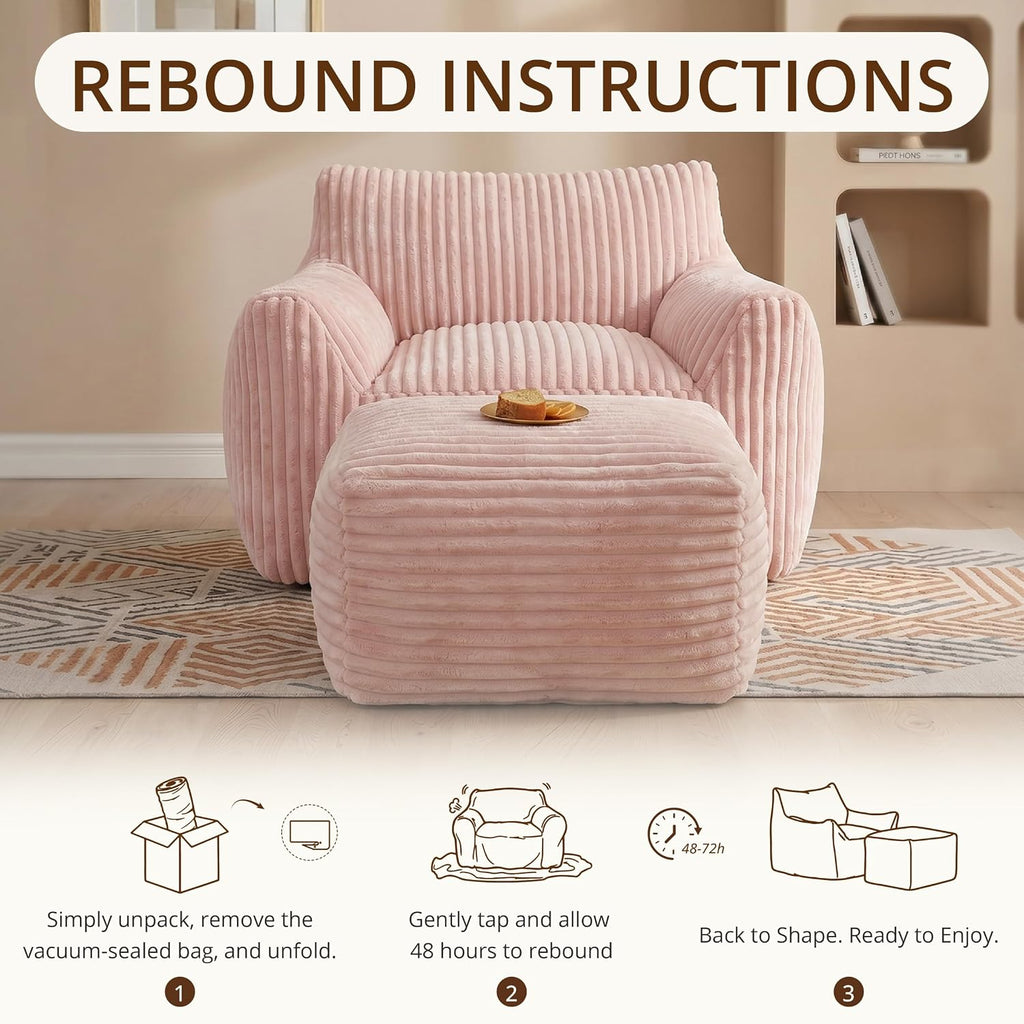 Giant Bean Bag Chair for Adults, Large Bean Bag with Ottoman | Cloud Comfy Bean Bag with Backrest & Armrests, Stuffed Beanbag Chair for Reading, Gaming, Napping, Pink