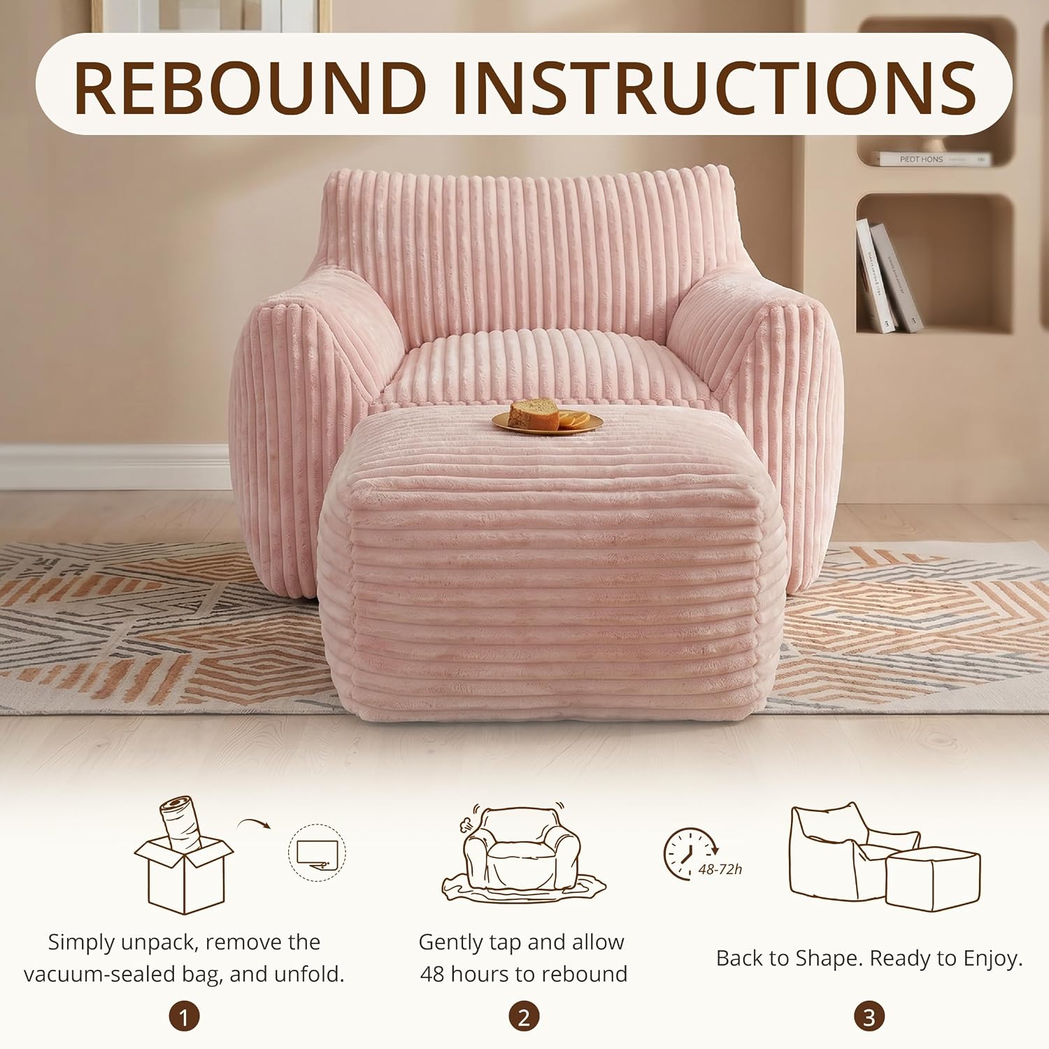 Giant Bean Bag Chair for Adults, Large Bean Bag with Ottoman | Cloud Comfy Bean Bag with Backrest & Armrests, Stuffed Beanbag Chair for Reading, Gaming, Napping, Pink