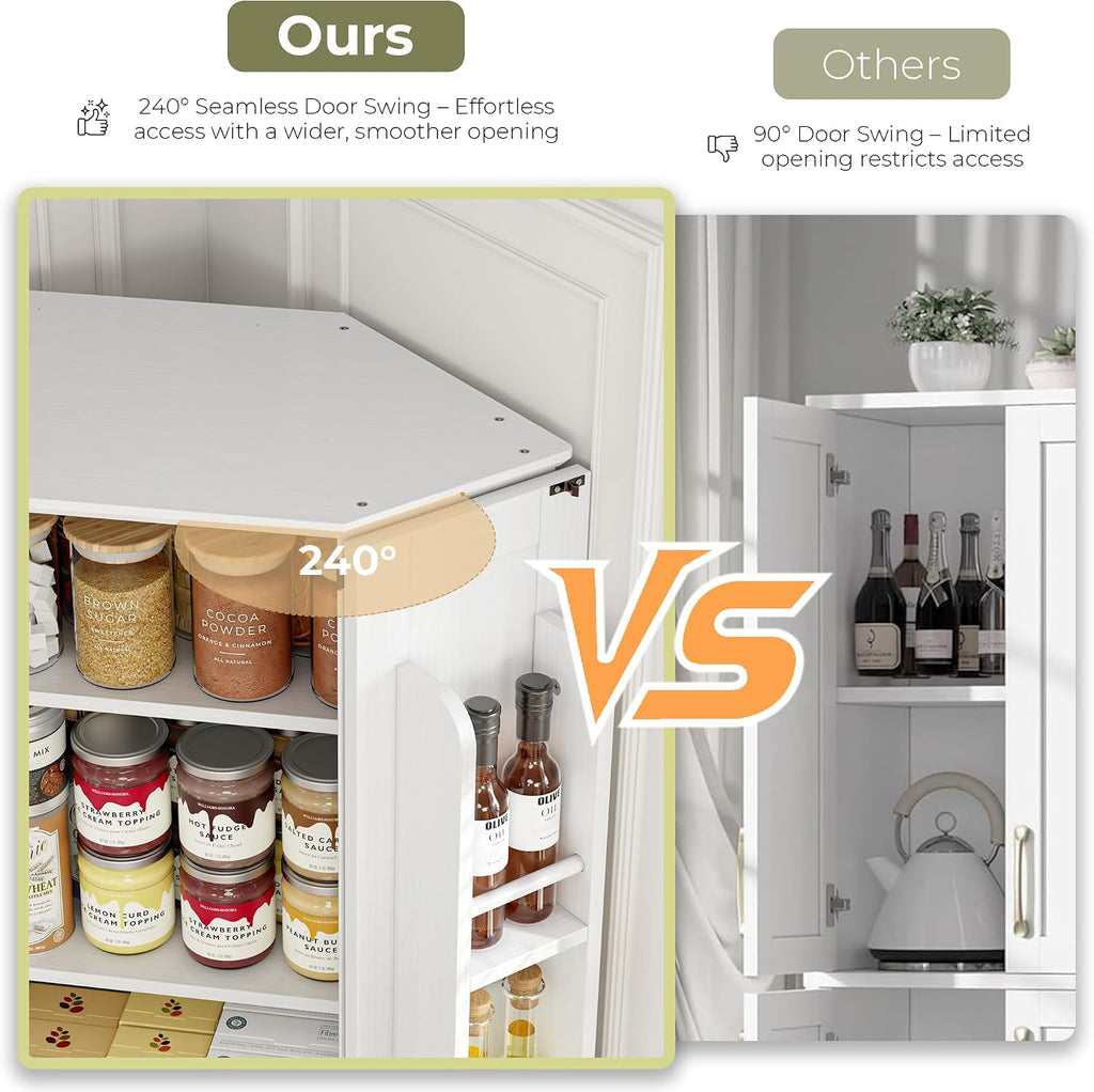 IRONCK Corner Cabinet, 72" Farmhouse Pantry Cabinet, White | 6 Tiers Shelves with 2 adjustable shelves, 240° swivel doors and spacious storage for kitchens, dining rooms, living rooms