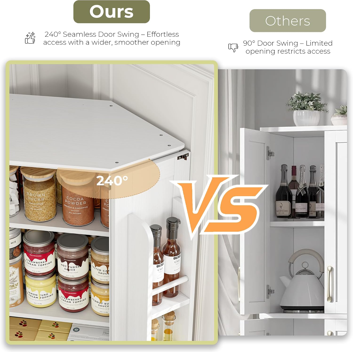 IRONCK Corner Cabinet, 72" Farmhouse Pantry Cabinet, White | 6 Tiers Shelves with 2 adjustable shelves, 240° swivel doors and spacious storage for kitchens, dining rooms, living rooms