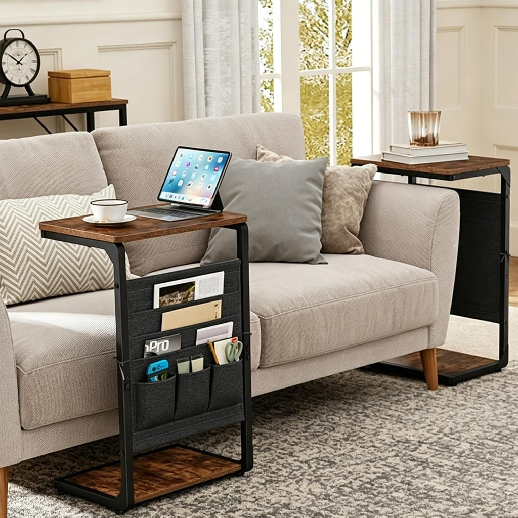 Wood Pedestal TV Trays for Eating on Couch, C Shaped End Table for Couch Side Tables that Slide Under, Sofa Arm Recliner Chair Dinner Table, Small TV Tray Over the Couches Stand, Living Room ET-P-BRW1
