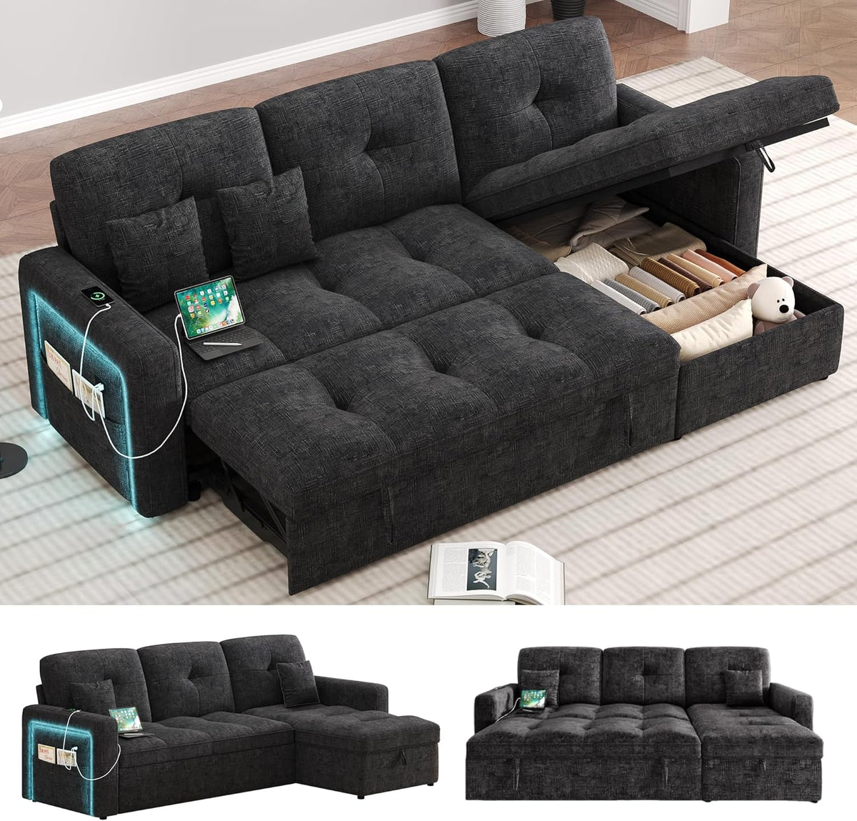 81'' LED L-Shaped Sectional Couch for Living Room, Sleeper Sofa Bed, Black | Comfy Chenille Cloud Couch, Pull Out Bed, Storage Chaise, 5-level Adjustable Backrest, USB Charging, 2 Pillow, 900LB Capacity