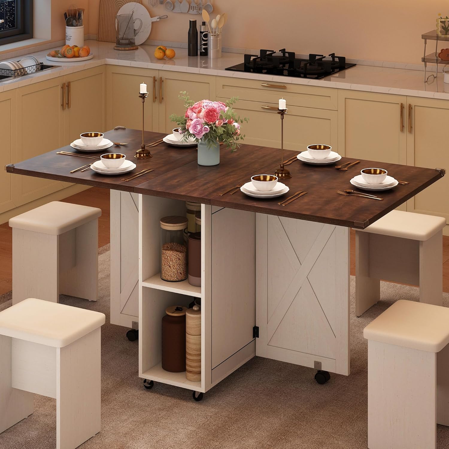 5 PCS Farmhouse Dining Table Set for 4,60" Large Folding Dining Table Set w/ 4 Leather Chairs, Drop Leaf Foldable Kitchen Table for Small Spaces,Barn Door Design,6 Wheels,2-Layer Storage Shelf,Brown