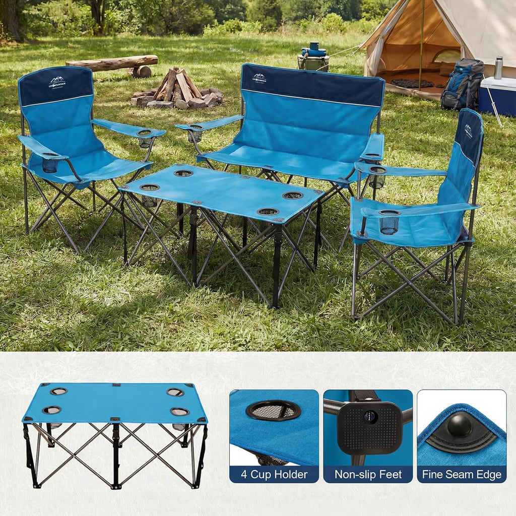 Oversized 4 Pcs Camping Chair Set with Table,Outdoor Folding Heavy Duty Lawn Chair,Cup Holder,Portable,Loveseat Chair Perfect for Family Hiking,Picnics and Beach Trips,Light Blue