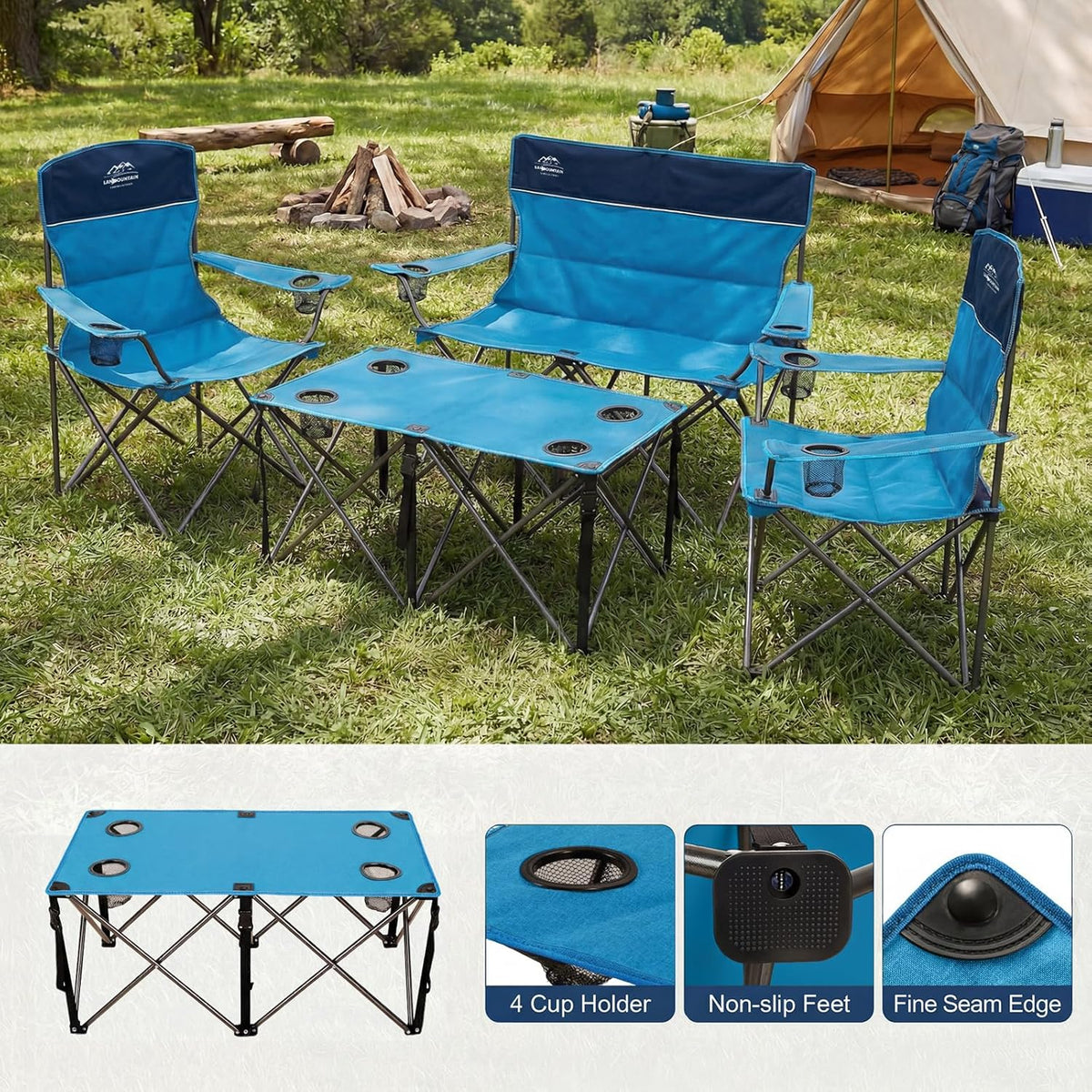 Oversized 4 Pcs Camping Chair Set with Table,Outdoor Folding Heavy Duty Lawn Chair,Cup Holder,Portable,Loveseat Chair Perfect for Family Hiking,Picnics and Beach Trips,Light Blue