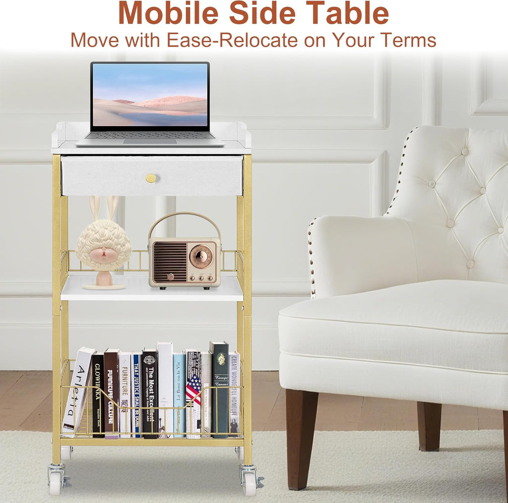 Gold & White Side Table with Storage Basket, Tall End Table with Drawer, 4-Tier Bathroom Storage Shelf with Optional Wheels, Nightstand for Dorm, Living Room, Bedroom