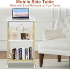 Gold & White Side Table with Storage Basket, Tall End Table with Drawer, 4-Tier Bathroom Storage Shelf with Optional Wheels, Nightstand for Dorm, Living Room, Bedroom
