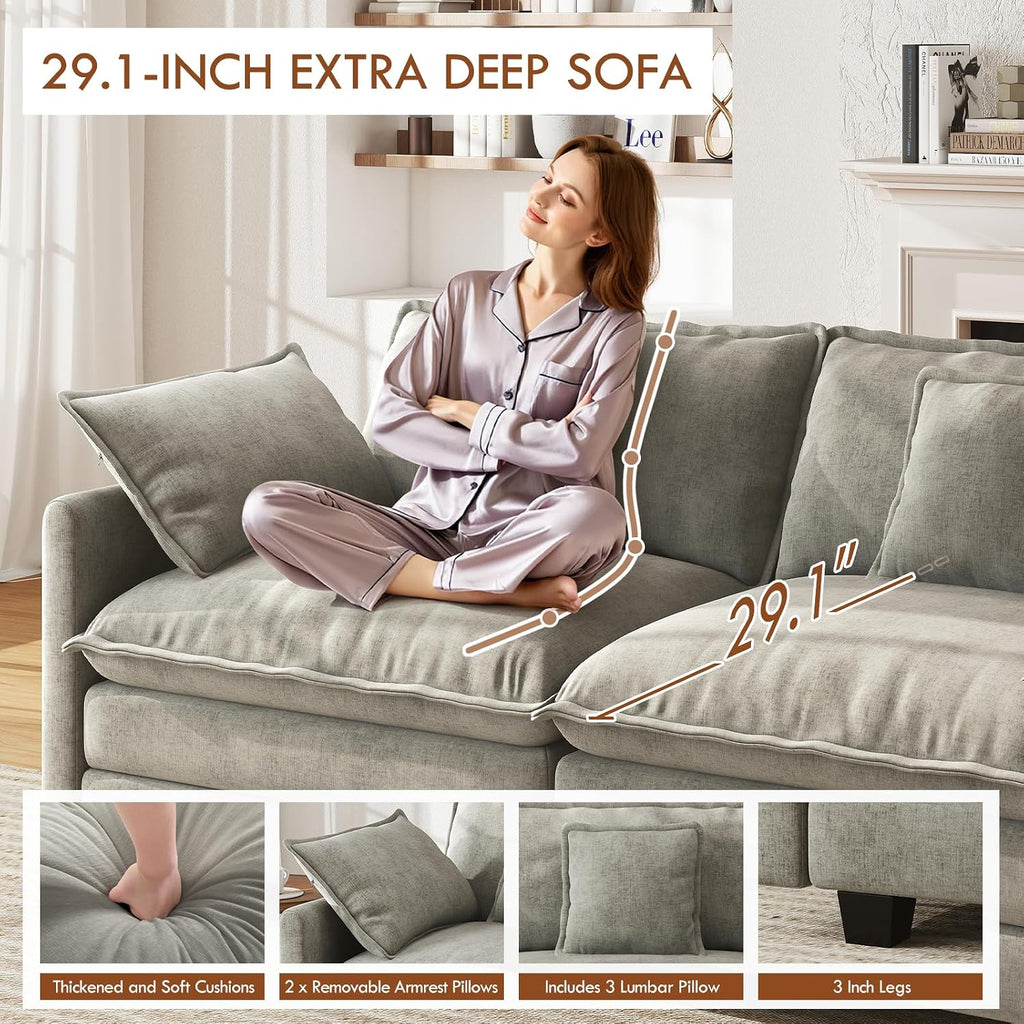 WorthFurni 111.4" Modular Sectional Sofa, U Shape Cloud Couch with 2 Movable Ottoman, Comfy Chenille Deep Seat Sofa with Soft Pillows for Living Room Bedroom Apartment (Grey)