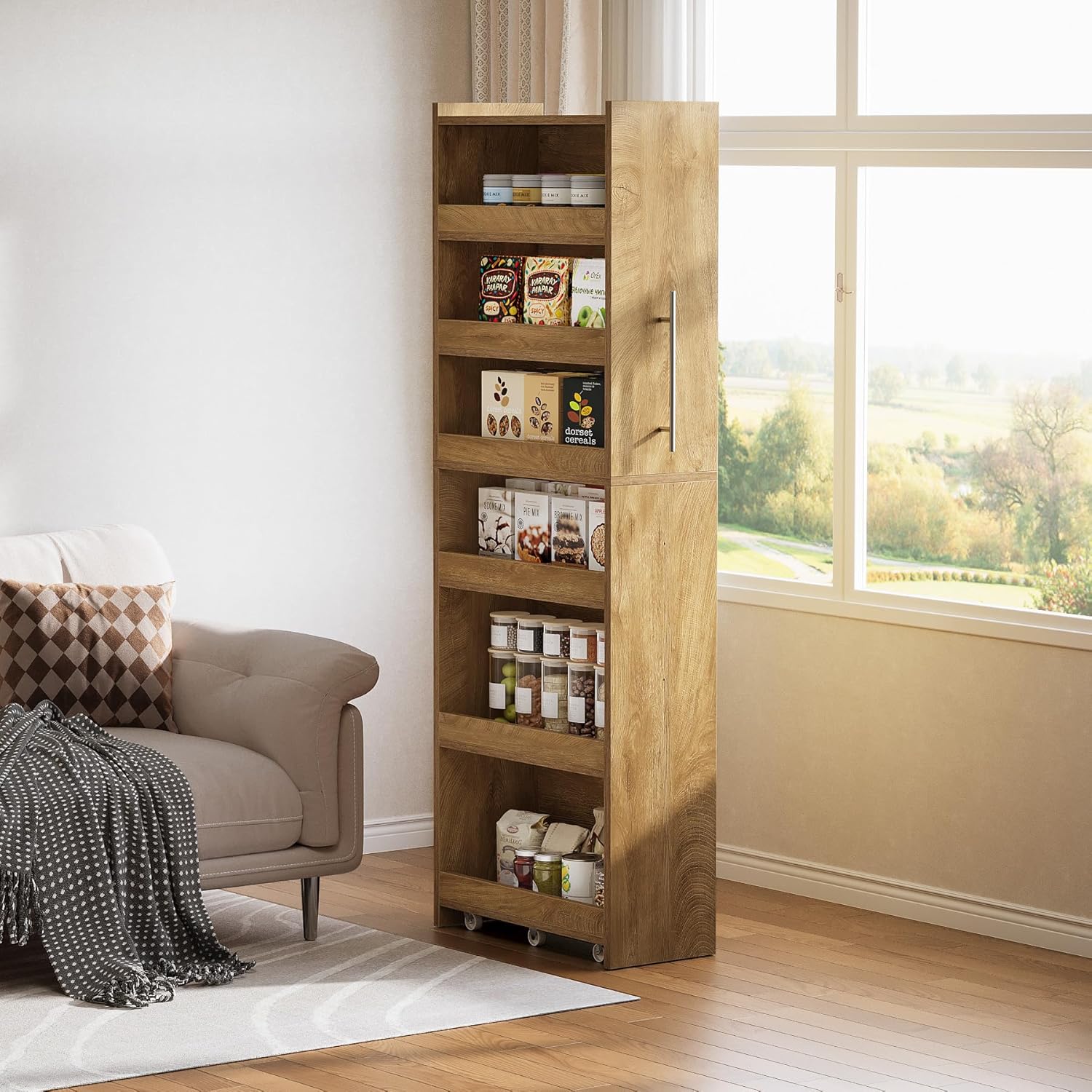 Tribesigns 72.83-Inch Tall Slim Storage Cart with Wheels, 6-Tier Narrow Rolling Utility Pantry Cart, Skinny Mobile Shelving Unit with Metal Handle for Kitchen, Laundry Room, Narrow Spaces, Brown