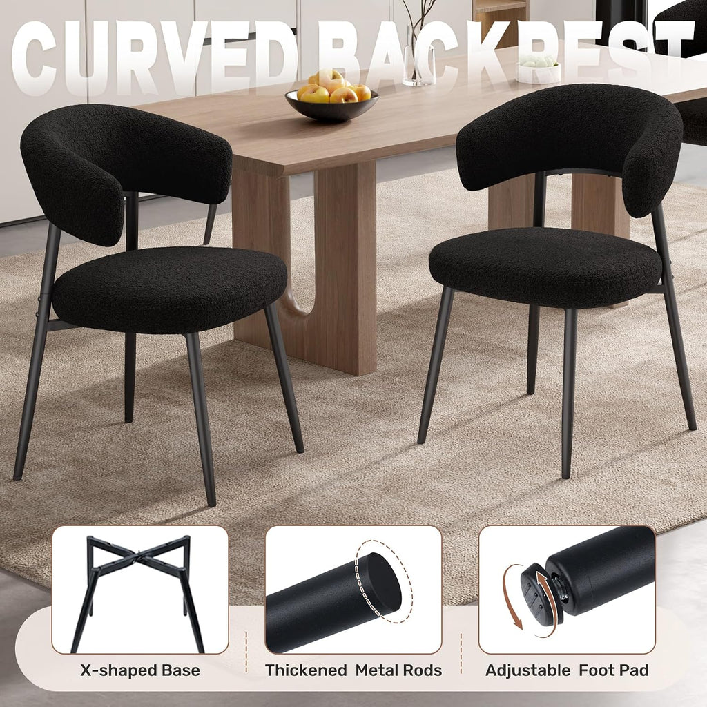 Dining Chairs Set of 4, Mid Century Modern Kitchen Chairs, Boucle Upholstered Dining Chair with Curved Backrest & Metal Legs for Kitchen Dining Room, Black