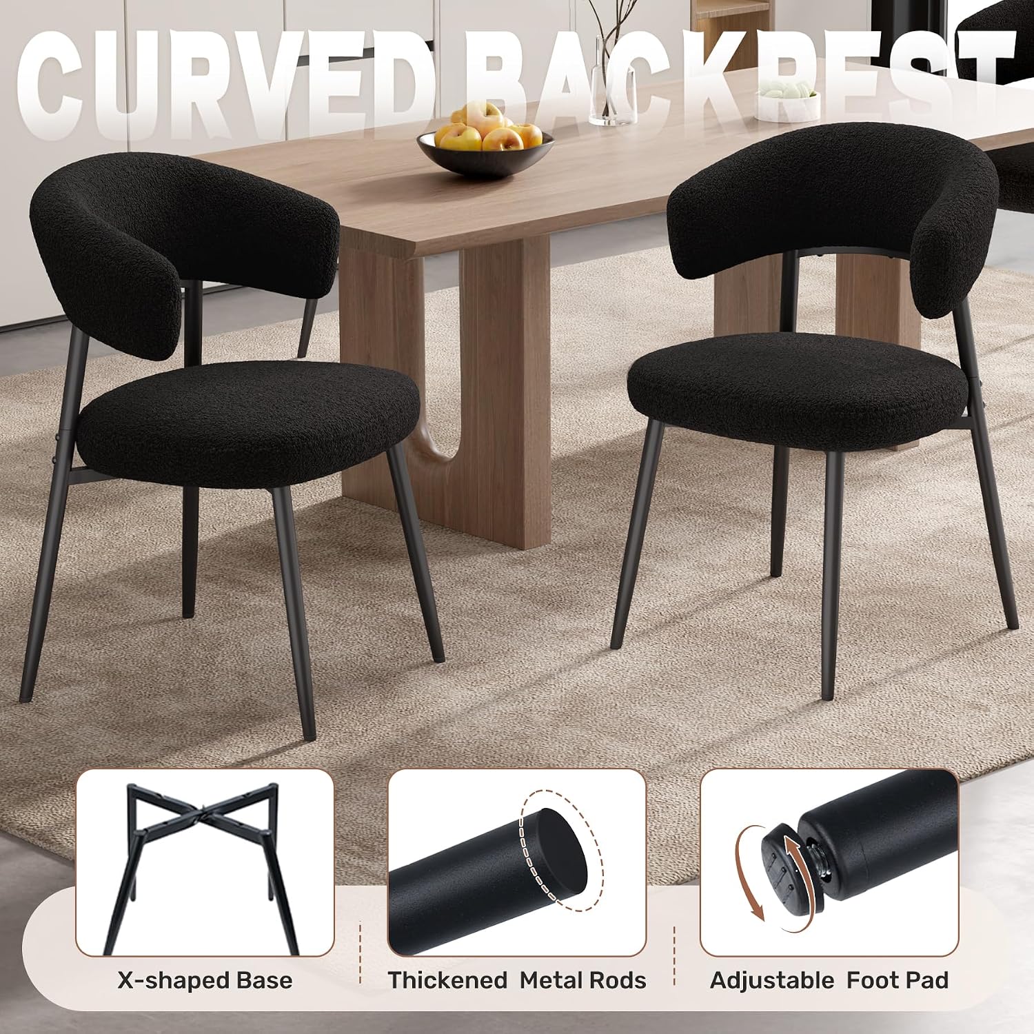 Dining Chairs Set of 4, Mid Century Modern Kitchen Chairs, Boucle Upholstered Dining Chair with Curved Backrest & Metal Legs for Kitchen Dining Room, Black