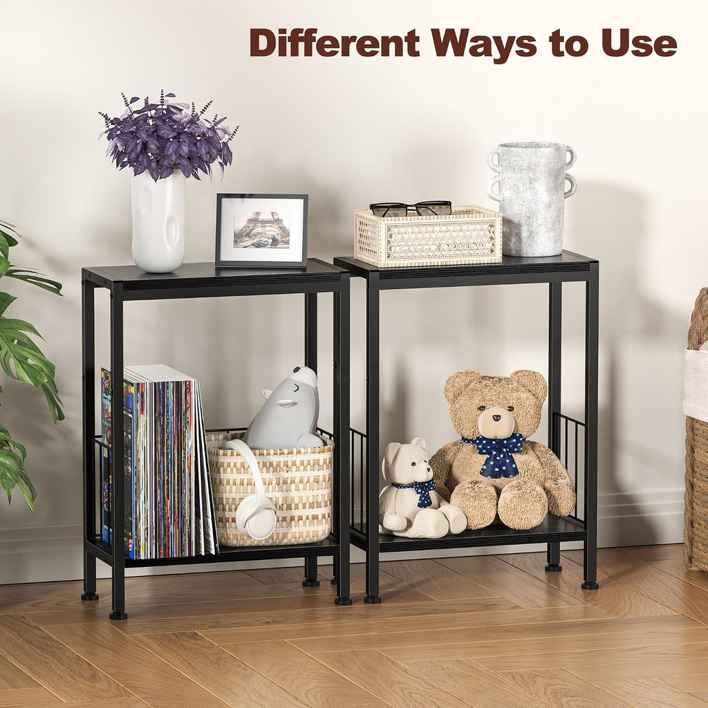 Narrow Side Table, Skinny End Tables with Magazine Holder, Small Sofa Table for Small Spaces, Space-Saving Design, Slim Nightstand Bedside Table for Living Room, Bedroom, Office, Black