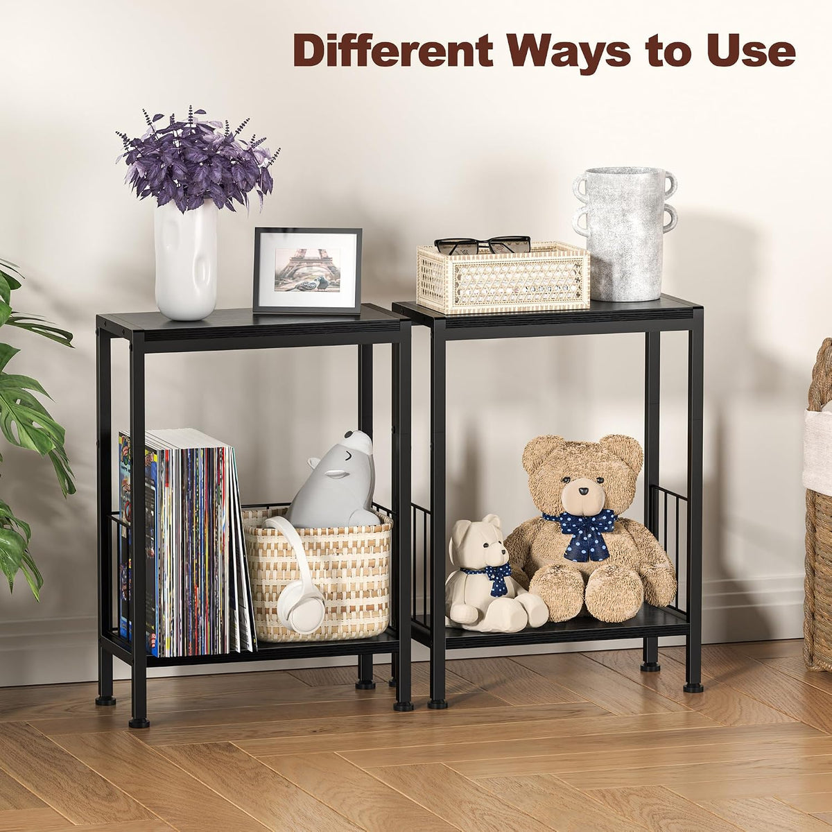 Narrow Side Table, Skinny End Tables with Magazine Holder, Small Sofa Table for Small Spaces, Space-Saving Design, Slim Nightstand Bedside Table for Living Room, Bedroom, Office, Black