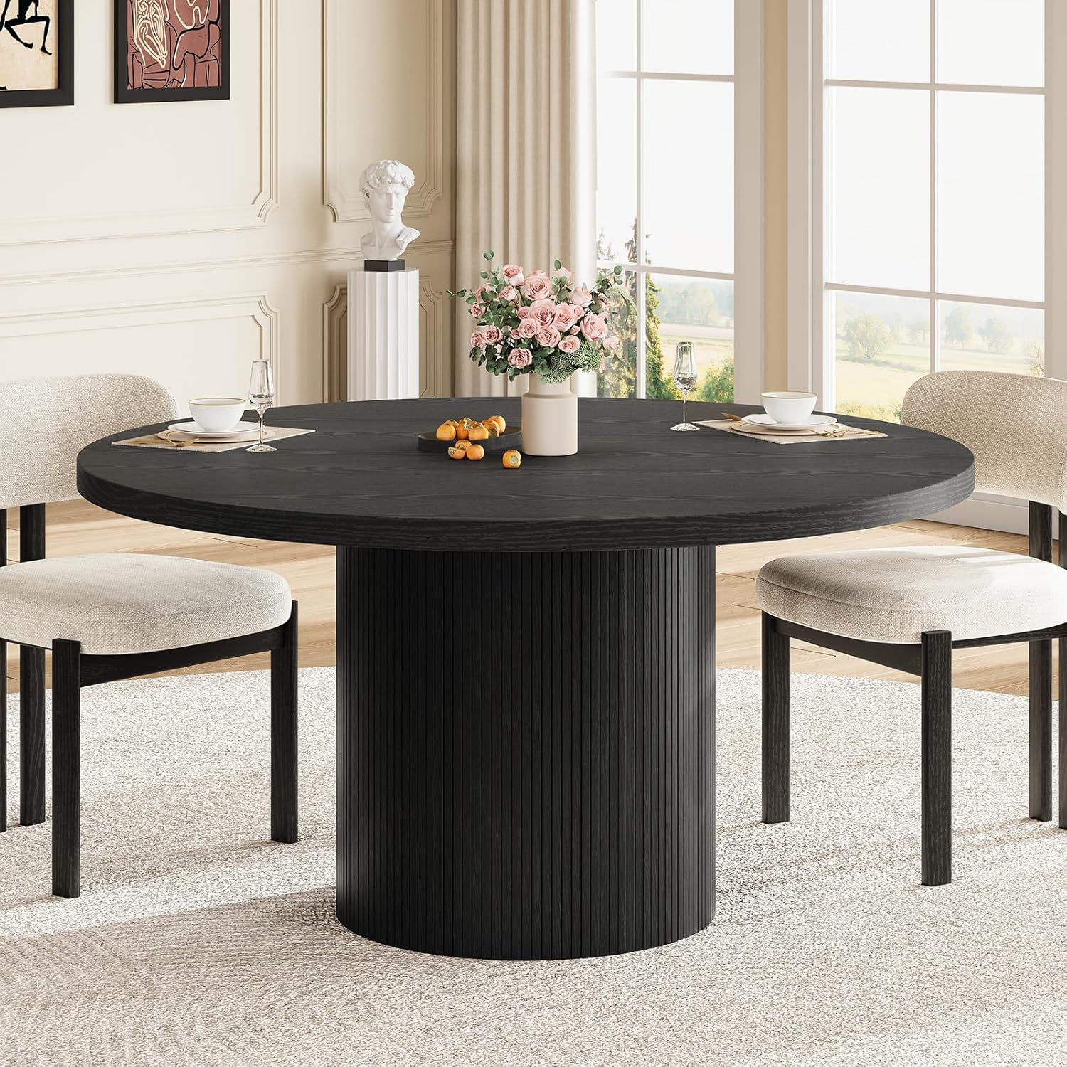 Round Kitchen Dining Table for 4-6 People, 47 inch Mid-Century Circle Dinner Tables, Rustic Wood Base in Fluted Design, Space Saving Dining Room Furniture, Large Table Only for Family Party, Black
