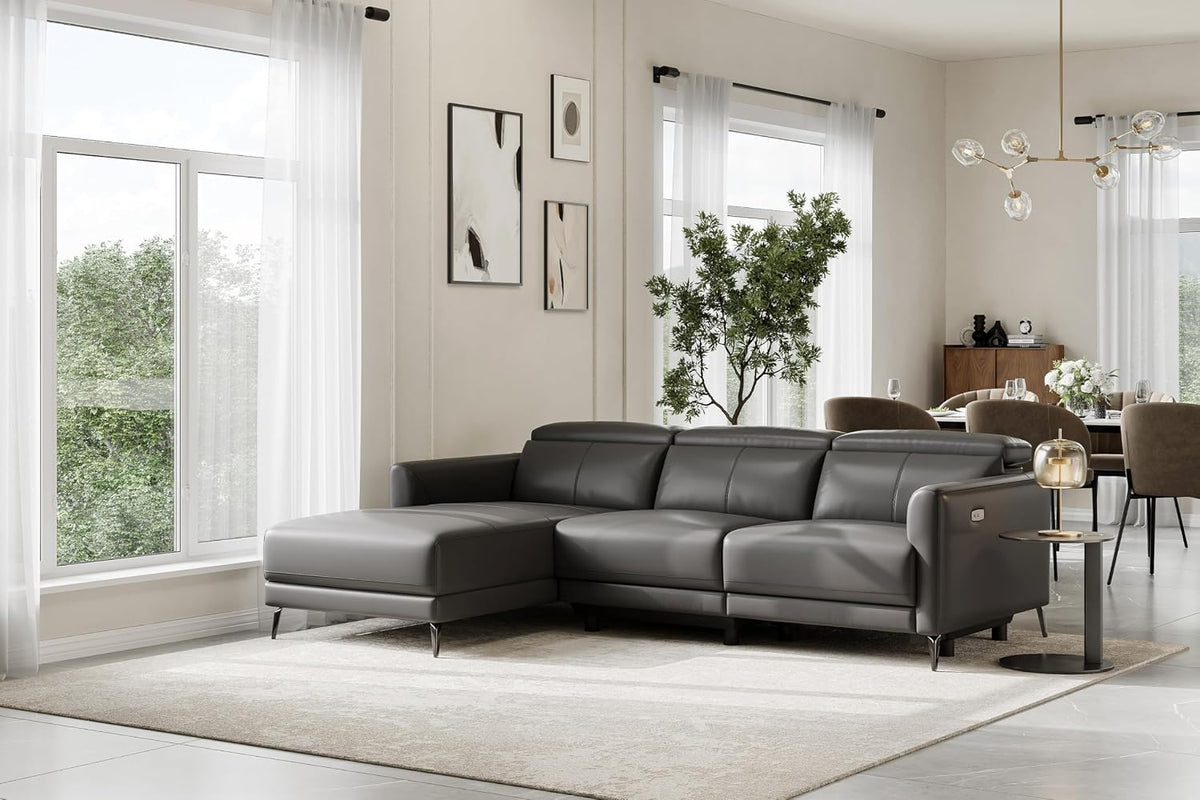 Valencia Andria 99.5" Reclining Leather Sectional Sofa, Reclining Couch with Left Hand Chaise | Italian Nappa 11000 Top Grain Leather | Power Reclining Seat with Adjustable Headrests - Cloudy Grey