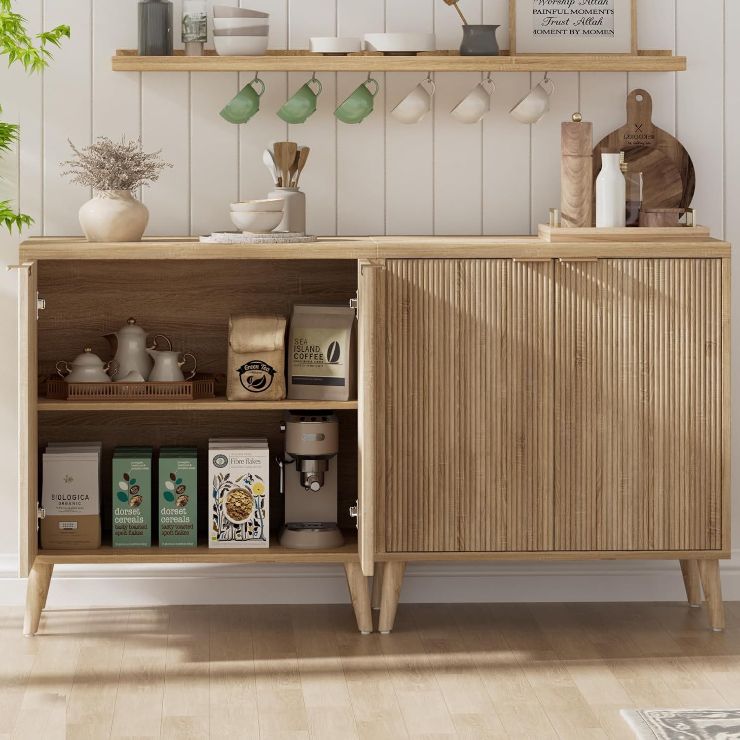 Homleke Buffet Cabinet with Storage, Modern Fluted Accent Sideboard with Doors & Adjustable Shelf, Buffet Table Entryway Cabinets for Living Room, Kitchen, Dining Room, Hallway, Natural