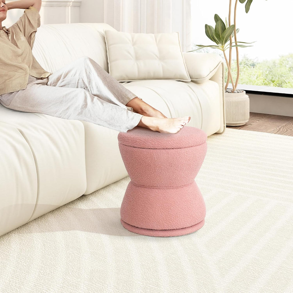 EazeHome Round Ottoman with Storage, 360° Swivel Boucle Ottoman Vanity Stool, Upholstered Footstool with Storage Removable Lid, Modern Footrest Coffee Table for Living Room, Dorm, Makeup Room, Pink