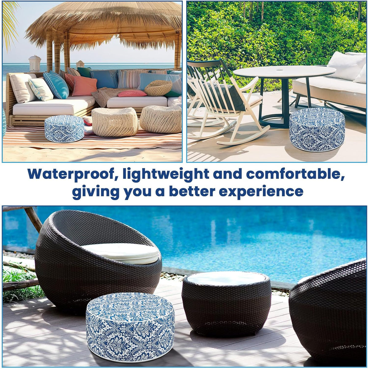 Cinnvoice 2 Pcs Inflatable Outdoor Ottoman Pouf Waterproof Round Footrest with Handle D21 x H9 Inch Indoor Outdoor Portable Footstool for Patio Garden Camping or Home Pool(Retro)