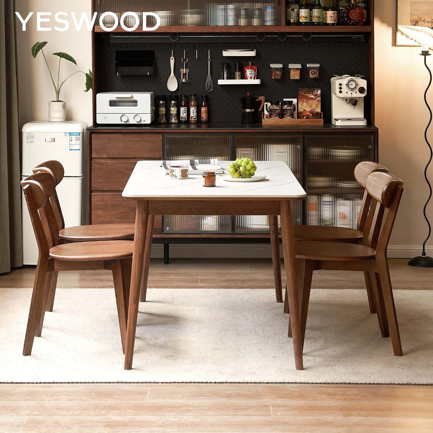 YESWOOD Oak Dining Chairs Set of 4, 100% Solid Wood Kitchen Chairs with Curved Backrest, Mid Century Modern & Farmhouse Side Chairs for Dining Room, Living Room, Study, Walnut