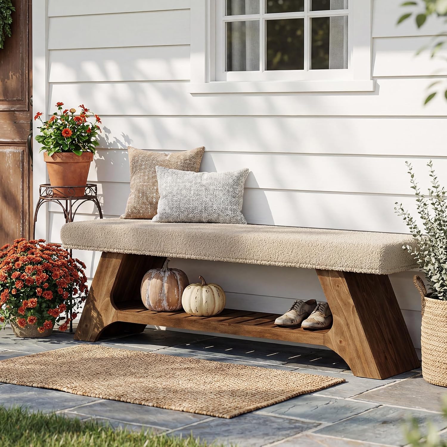 Tribesigns 55" Solid Wood Bench with Cushion and Shoe Storage, 2-Tier Upholstered Entryway Bench Farmhouse Entry Way Bench for Bedroom, Hallway, Natural Wood