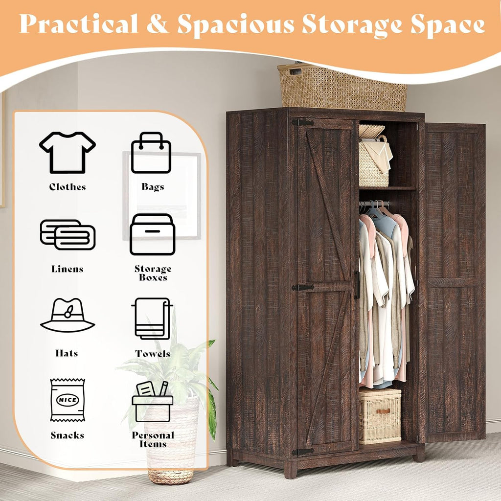 LUXOAK 70" Large Farmhouse Wardrobe Closet with Hanging Rod & Barn Doors | Wooden Bedroom Armoires with Shelf, Organized Wardrobe Cabinet for Clothing, Anti-Tip Kit, Tall Closet, Espresso