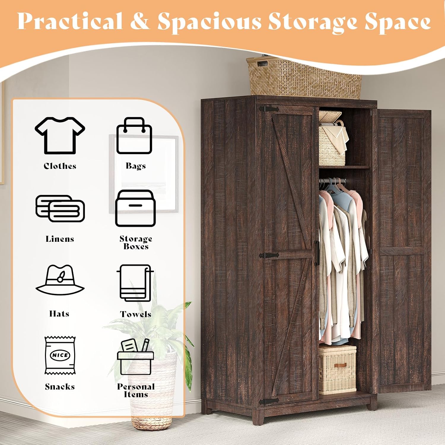 LUXOAK 70" Large Farmhouse Wardrobe Closet with Hanging Rod & Barn Doors | Wooden Bedroom Armoires with Shelf, Organized Wardrobe Cabinet for Clothing, Anti-Tip Kit, Tall Closet, Espresso