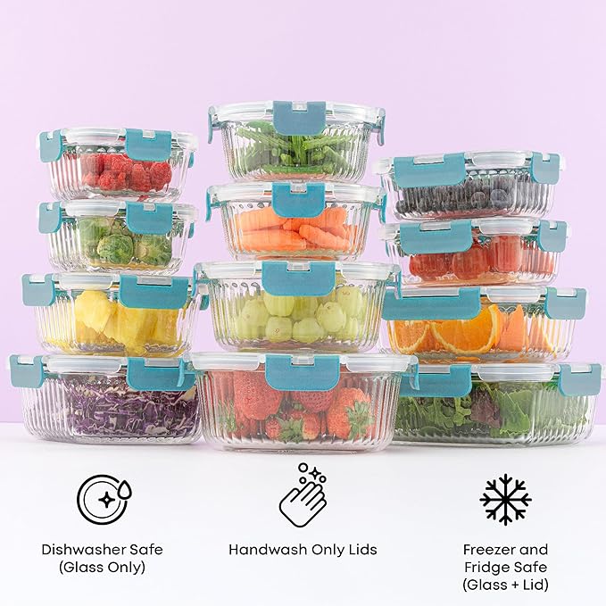 JoyJolt 24pc Borosilicate Glass Storage Containers with Lids | 12 Airtight/Freezer Safe Food Storage Containers for Pantry and Kitchen | Meal Prep Container for Lunch | Glass Tupperware Set