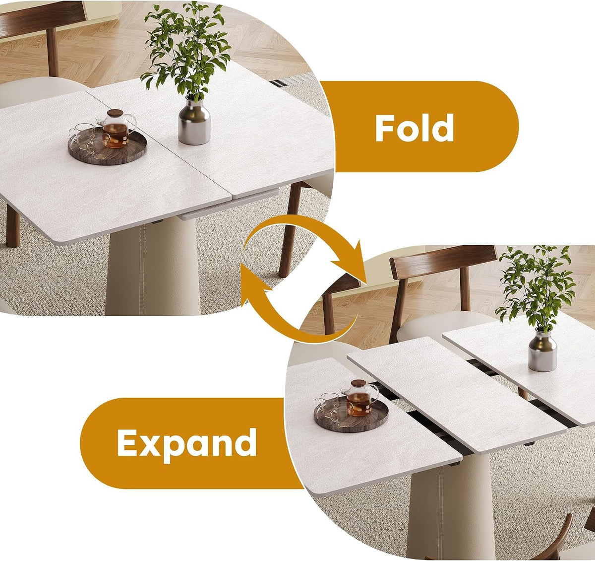 47.2" Retractable Rock Slab Folding Dining Table, Modern Expandable Kitchen Table with Leather-Wrapped Stainless Steel Base, Space Saving Square Dining Table for Small Apartments