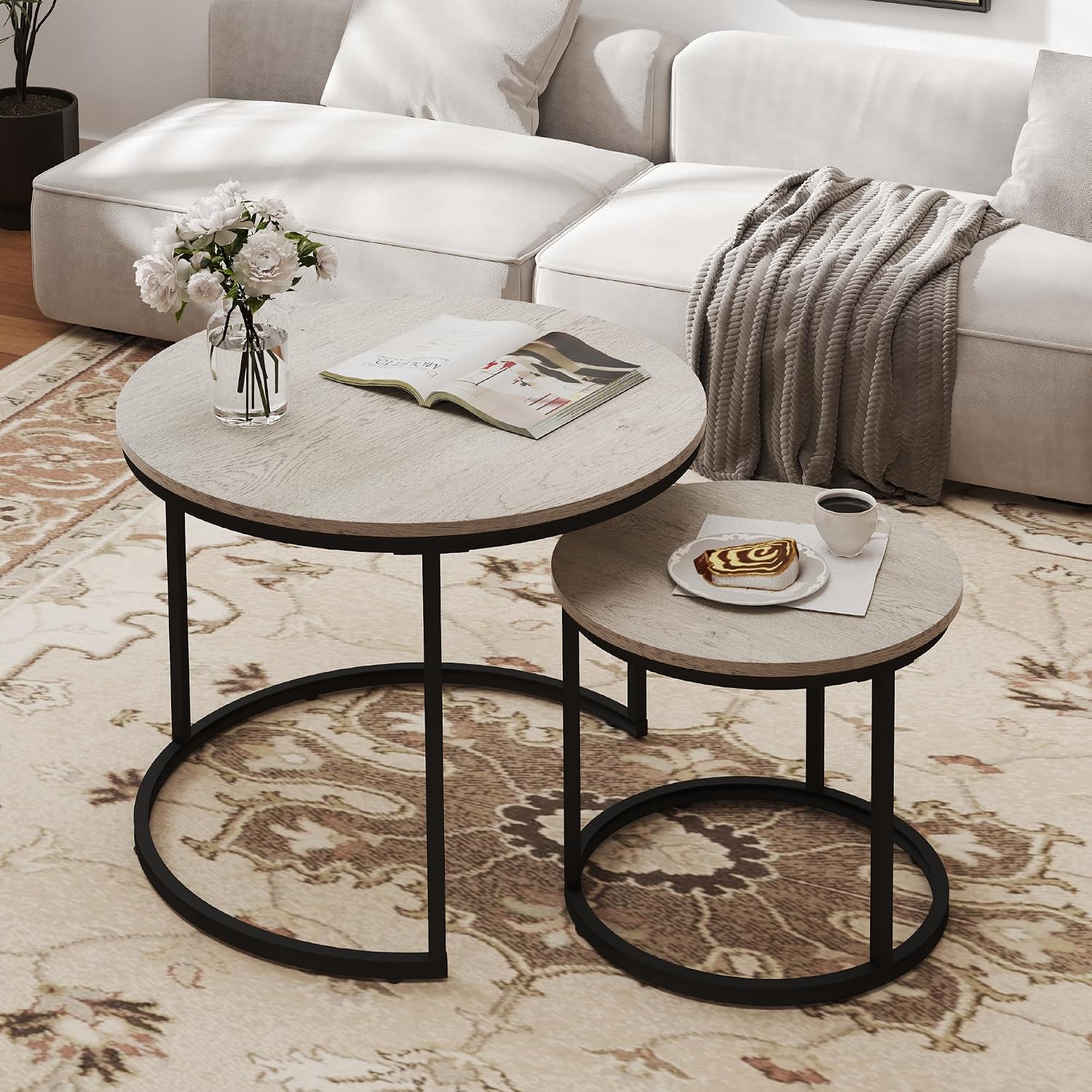 Otterease Nesting Tables Set of 2, Small Round Coffee Table for Living Room | Nesting Coffee Table with Adjustable Non-Slip Feet, Wood Grain Top Nesting Table for Living Room, Bedroom (Wood Grain Grey)