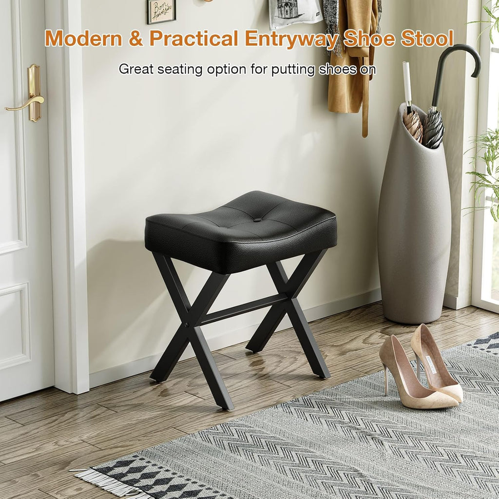 Memobarco 18-Inch Leather Vanity Stool Chair, Vanity Bench with Metal X-Leg, Ottoman Accent Stool with Thick Padded Saddle Seat, Black