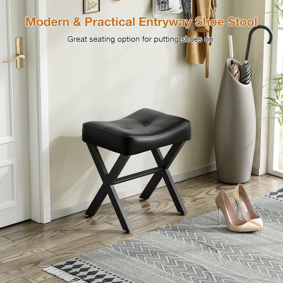 Memobarco 18-Inch Leather Vanity Stool Chair, Vanity Bench with Metal X-Leg, Ottoman Accent Stool with Thick Padded Saddle Seat, Black